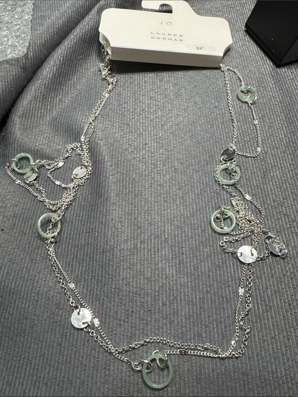 LC Lauren Conrad Silver Layered Chain Necklace with Green Circle Accents